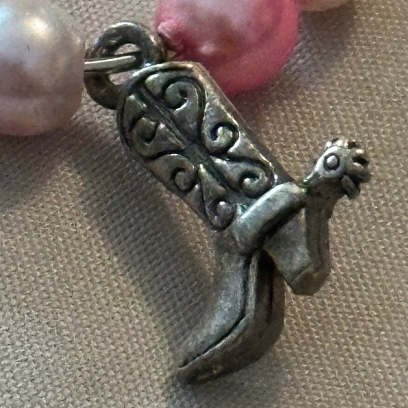 3/$15 Wine glass tag, stainless steel hoop, pink/white beads, cowboy boot charm - Picture 6 of 14